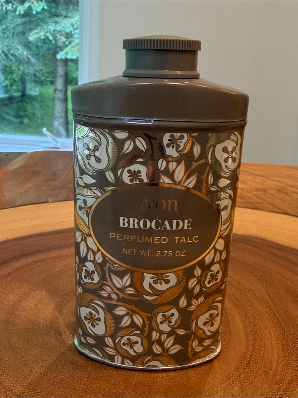 Avon Brocade Perfumed Talc — Brown and Gold Decorative Tin